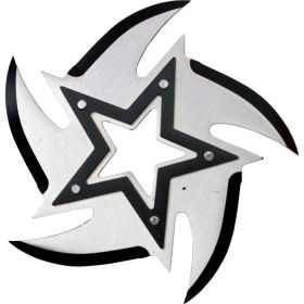 4" Chrome 5 point Stainless Steel throwing star with black star in middle5 Point Throwing Star4â€ Diameter1 pc w/ nylon sheath